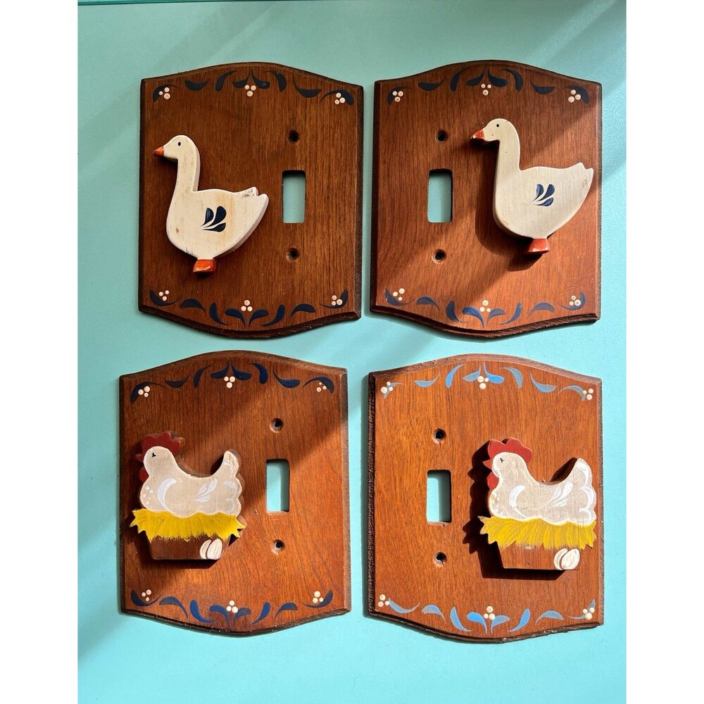 Vtg Hand Painted Wood Country Rustic Goose & Hen Toggle Switch Wall Plate 4 Pack